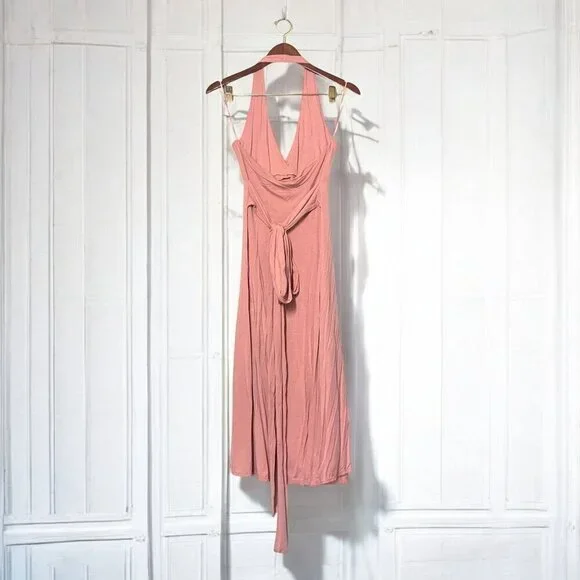 Bordeaux Halter Neck Dress With Oversize Ties At Waist Pale Pink Jersey Sz Med - Picture 4 of 5